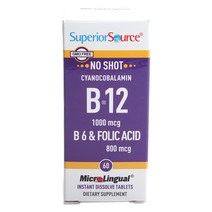 Superior Source 노 샷 시아노코발라민 B12 1000mcg & B6 & 폴 산 800mcg 타블렛, 60개입, 1개, 60정