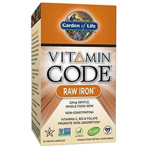 Garden of Life 비타민 코드 로우 아이언 22mg 비건 캡슐, 30개입, 1개, 30정