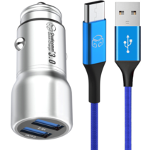 디지지 차량용 USB 듀얼시거잭 + 갤럭시 C타입 컬러 고속 충전 케이블 1.2m, 시거잭(DGG-601), 케이블(DG-MC20), 시거잭(메탈실버), 케이블(아쿠아블루)