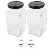 홈앤라이프 유리 사각 양념통 300g x 2p + 블랙캡 2p + 투명 라벨 스티커 소금 + 설탕, 1세트