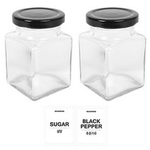 홈앤라이프 유리 양념통 사각 블랙캡 2p + 투명스티커 2p 세트, 1세트, 양념통 사각 200g 2p + 뚜껑 + 투명스티커 2p(설탕 + 후춧가루)