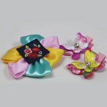 프라임 리본 바람개비 꽃 한복 집게핀 민트 + 미니 한복 나비 집게핀 화이트 + 노랑