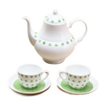 엘케이메이드 본차이나 칼라 도트 티타임세트 그린 6p, 1세트, 커피잔 2p + 잔받침 2p + 티포트 몸통 + 뚜껑
