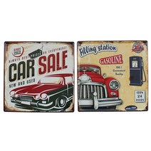 퍼닉 빈티지 틴 액자 2p 세트 카 + 가솔린, 혼합 색상