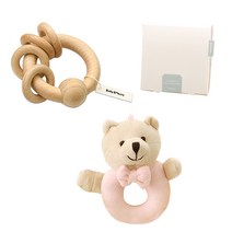 베이비베이커리 곰돌이 딸랑이와 우드딸랑이 세트, 핑크