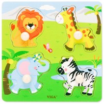 VIGA 베베 야생동물 유아 원목 꼭지 퍼즐, 1개, 4피스