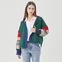 비엔엑스 여성용 체크 배색 브이넥 버튼 니트 가디건 BT3CD008L0