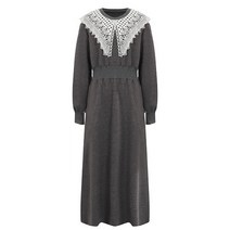 비엔엑스 여성용 레이스 카라 기모 코튼 롱 원피스