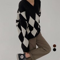 바블링브룩 여성용 아가일 루즈핏 브이넥 니트