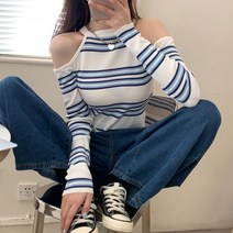 메이첼 여성용 스트라이프 오프숄더 니트 티셔츠 00486