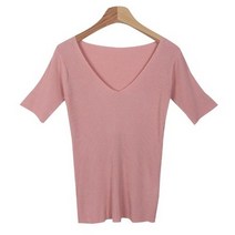 시크블랙 여성용 소피헹 브이넥 골지 반팔 니트 NT3651K23