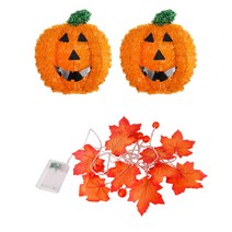 인디케이 반짝거리는 호박 벽장식 2p + 할로윈 낙엽 호박 LED 조명 가랜드 세트, 1세트, 주황색