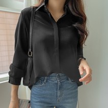 여성용 베이직 히든 버튼 카라 블라우스