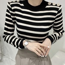 페이퍼먼츠 여성용 숄더버튼 슬림핏 스트라이프 긴팔 티셔츠 02787