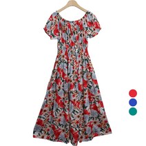 플랜데이 여성용 오리엔탈 플라워 바캉스룩 오프숄더 플레어 롱 원피스