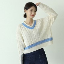 빼빼 여성용 브이넥 꽈배기 배색라인 니트