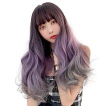 하이유니 네츄럴 웨이브 애쉬 롱 헤어 통가발 65cm + 가발망 + 거치대 세트, 챠콜애쉬퍼플