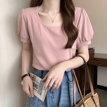 플로렐로 여성 어깨 퍼프 무지 U넥 반팔 티셔츠