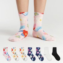 삭스팝 여성용 스프링 플라워 패션 양말 3종 x 2p + 중목 무지 양말 2종