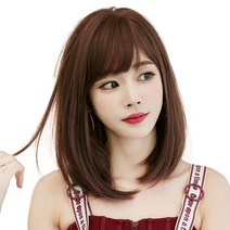 하이유니 풀 뱅 중단발 볼륨 매직 헤어 단발 통가발 가발 36cm + 가발망 + 거치대 세트, 커피브라운