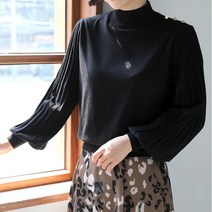 빼빼 여성용 숄더골드버튼 벌룬주름소매 반목 터틀넥 니트티셔츠