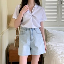 시크블랙 헨드엘 카라 가슴 꼬임 반팔 블라우스 cpbl5154k34