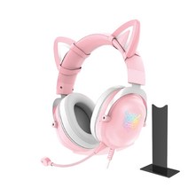 펭카 고양이 귀 게이밍 헤드셋 + 거치대 세트, 핑크(헤드셋), 블랙(거치대), 헤드셋(Q11)
