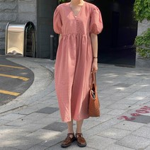여성용 르베자 브이 체크 퍼프 롱 원피스 OPS6451K15
