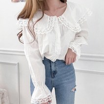 슈가펀 넓은 카라넥 엔젤 레이스 긴팔 블라우스