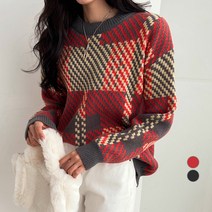 세컨그라운드 여성용 루즈핏 아가일 니트