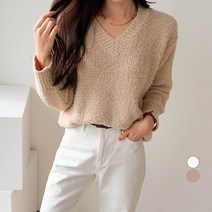 세컨그라운드 여성용 부클 브이넥 박시핏 니트