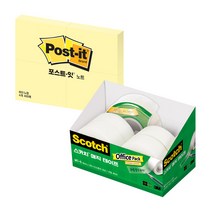 쓰리엠 스카치 매직 테이프 오피스 팩 MT-5 디스펜서 + 리필 18mm x 25m 4p + 포스트잇 노트 653 4패드, 혼합색상, 노랑(노트 653 4패드), 1세트