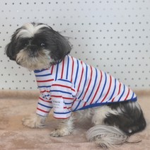 도기스타 반려견 단가라 맨투맨 면 티셔츠, 화이트 + 블루