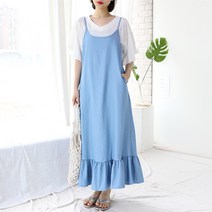 임산부 C 데님 끈 프릴 원피스