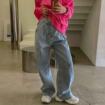 매드시스터 여성용 헤이핀턱 와이드핏 데님팬츠