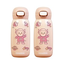 라임올리브 우주인 원터치 텀블러 350ml x 2p + 고양이스티커 9종 x 2p 세트, 핑크