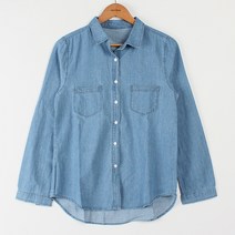 빼빼 여성용 카라넥 바스트 포켓 베이직 데님 셔츠 남방