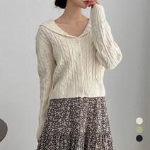뜨개진 여성용 램스울 꽈배기 라운드넥 카라 카슈브 가디건