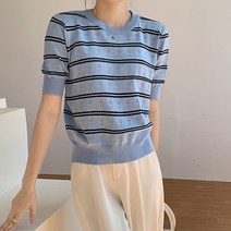 레몬소울 여성용 꾸로링 펀칭 스트라이프 반팔 니트티