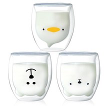 귀요미 캐릭터 내열 이중유리컵 3종 세트, 무뚝뚝곰, 웃는곰, 노랑오리, 1세트