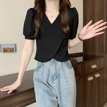 묘먀미 여성용 튤립꼬임 언발런스 퍼프소매 반팔 티셔츠 MMM084