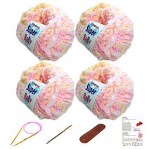 행복뜨기 슈퍼베이비 뜨개실 4p + 바늘 6mm + 돗바늘 + 가죽 라벨 + 목도리 도안 세트, 1세트, 살구노랑