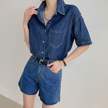 세컨그라운드 여성용 싱글 포켓 데님 반팔 셔츠