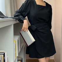 빼빼 여성용 스퀘어넥 긴팔 퍼프소매 리본 랩원피스