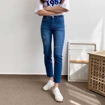 헤이진 여성용 캣워싱 칼구제 스판 데님 팬츠