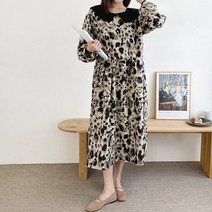 티탁 여성용 레오파드 배색카라 달마시안 롱 원피스