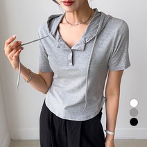 세컨그라운드 여성용 단추 후드 반팔 티셔츠