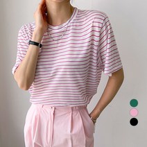 세컨그라운드 여성용 루즈핏 단가라 반팔 티셔츠