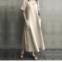 브이넥린넨원피스 고급 수출함 잔품명세서 여성의류 단아한 면린넨 빅 주머니원피스 롱 여름 2438982093