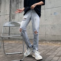 고가 힙합 무릎 찢어진 거지 청바지 남자 길거리 워싱 스트레이트 지퍼 트임 플레어 긴 바지